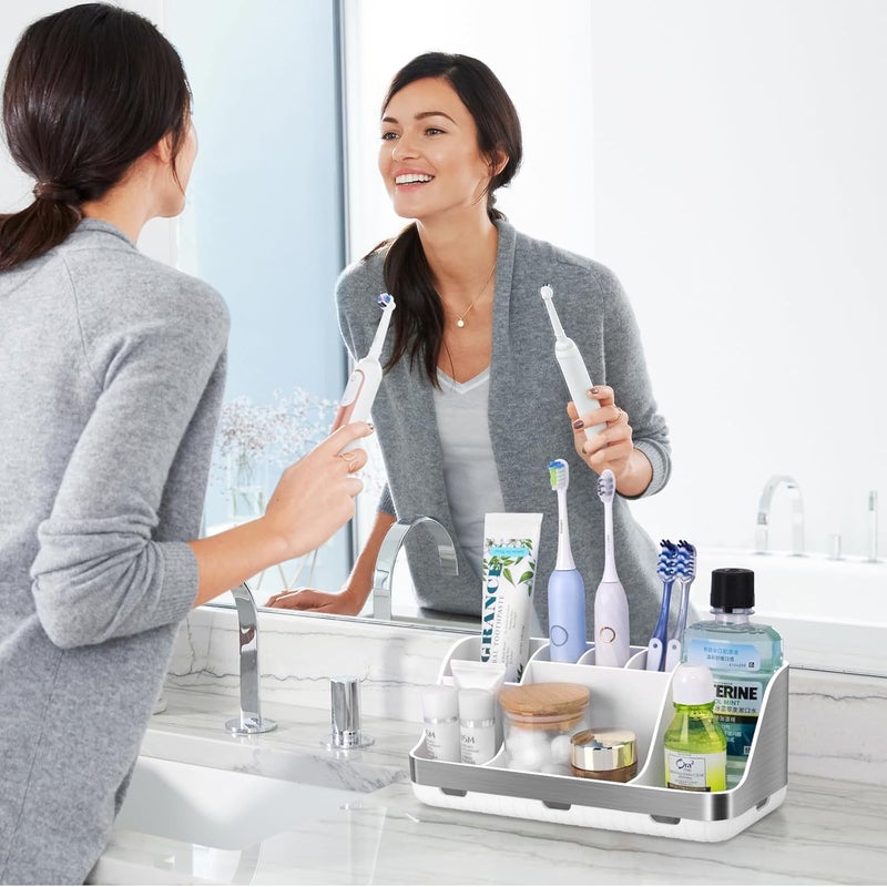 GFWARE Toothbrush Holders for Bathrooms Countertop Organizer - Kids Electric Toothbrush and Toothpaste Holder Detachable 7 Slots Tooth Brush Organization Bathroom Accessories Storage Vanity, Silver - Image 2